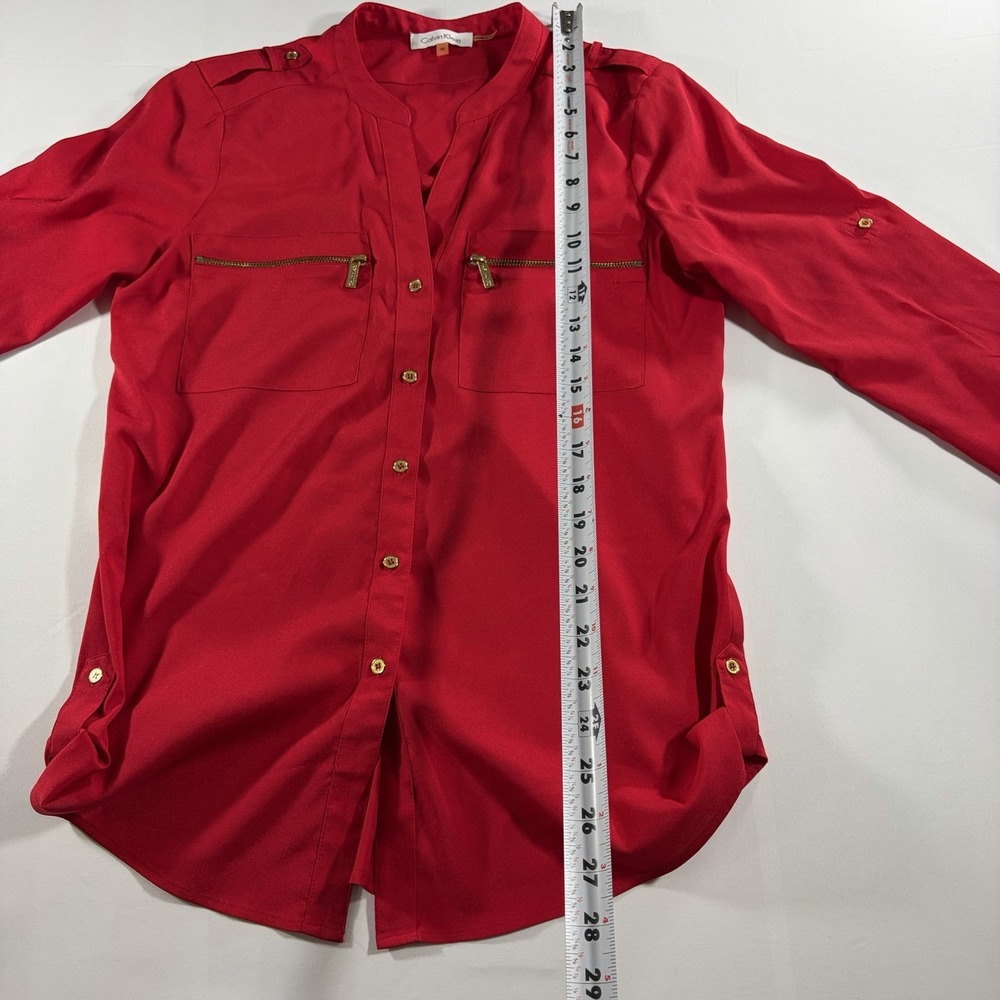 Calvin Klein Women's XS Red Utility Blouse Gold Zip Pocket Button Shirt Roll Tab - Picture 5 of 8